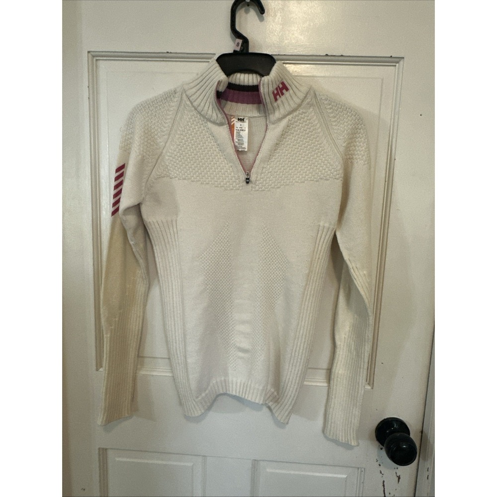 Helly Hansen Merino Wool Blend 1/4 Zip Sweater Womens Small Ribbed Cream Pink HH